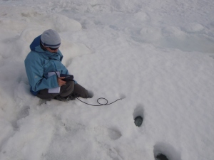 Helen measuring conditions under the snow