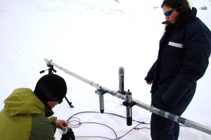 Wiley and Helen start to dismantle the equipment used for measuring sky- and snow- irradiance. Photo: Bonnie Laverock